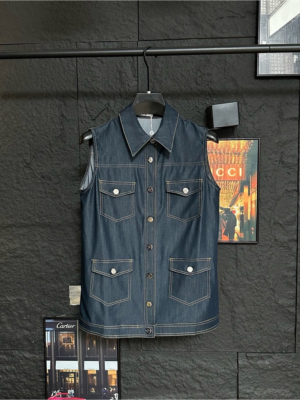 CHANEL Dark Blue Denim Sleeveless Vest with Contrast Topstitching🌟